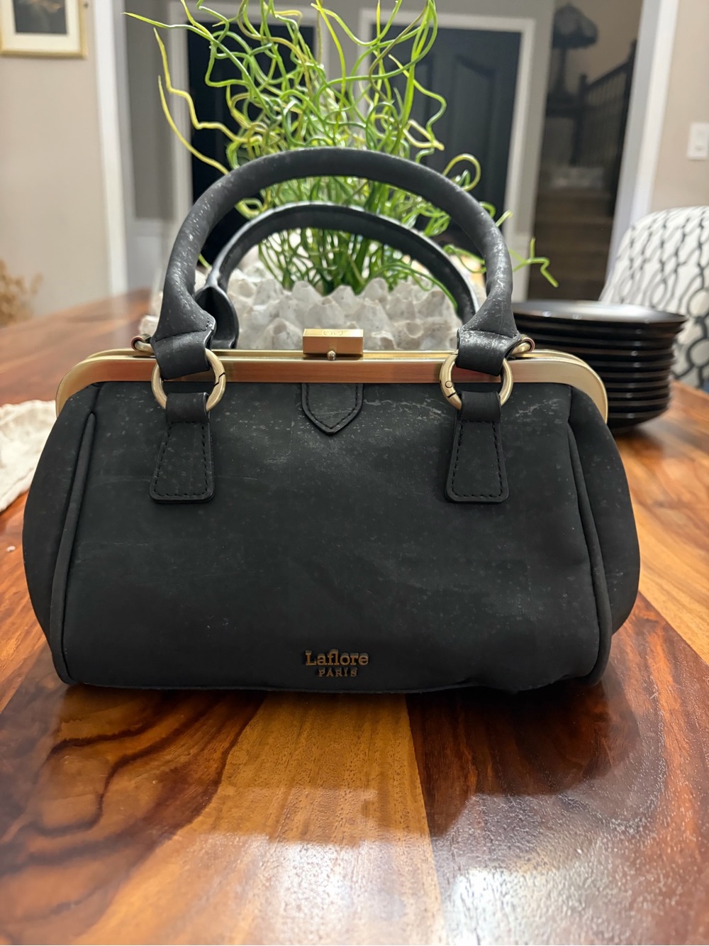 Laflore Paris Black Structured cork Top-Handle Bag 🇫🇷 with dust bag and card